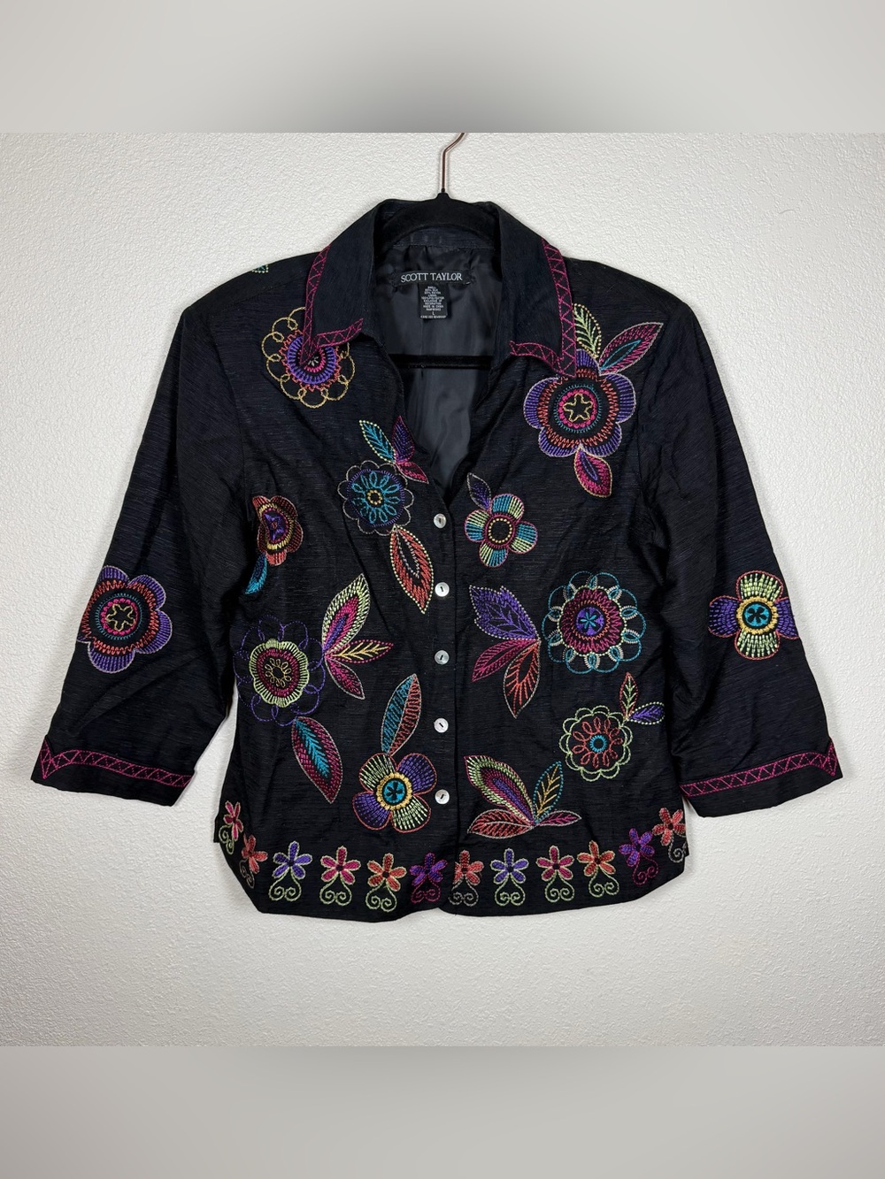 Scott Taylor L Silk Blend Floral Embroidered Blazer Artisanal Boho Vibrant